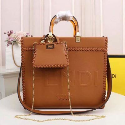 Fendi Sunshine Tote Bag Brown With Decorative Stitching