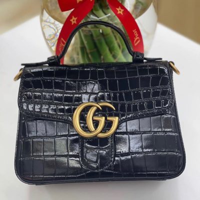 Gucci GG Marmont Top Handle Crocodile Bag Black