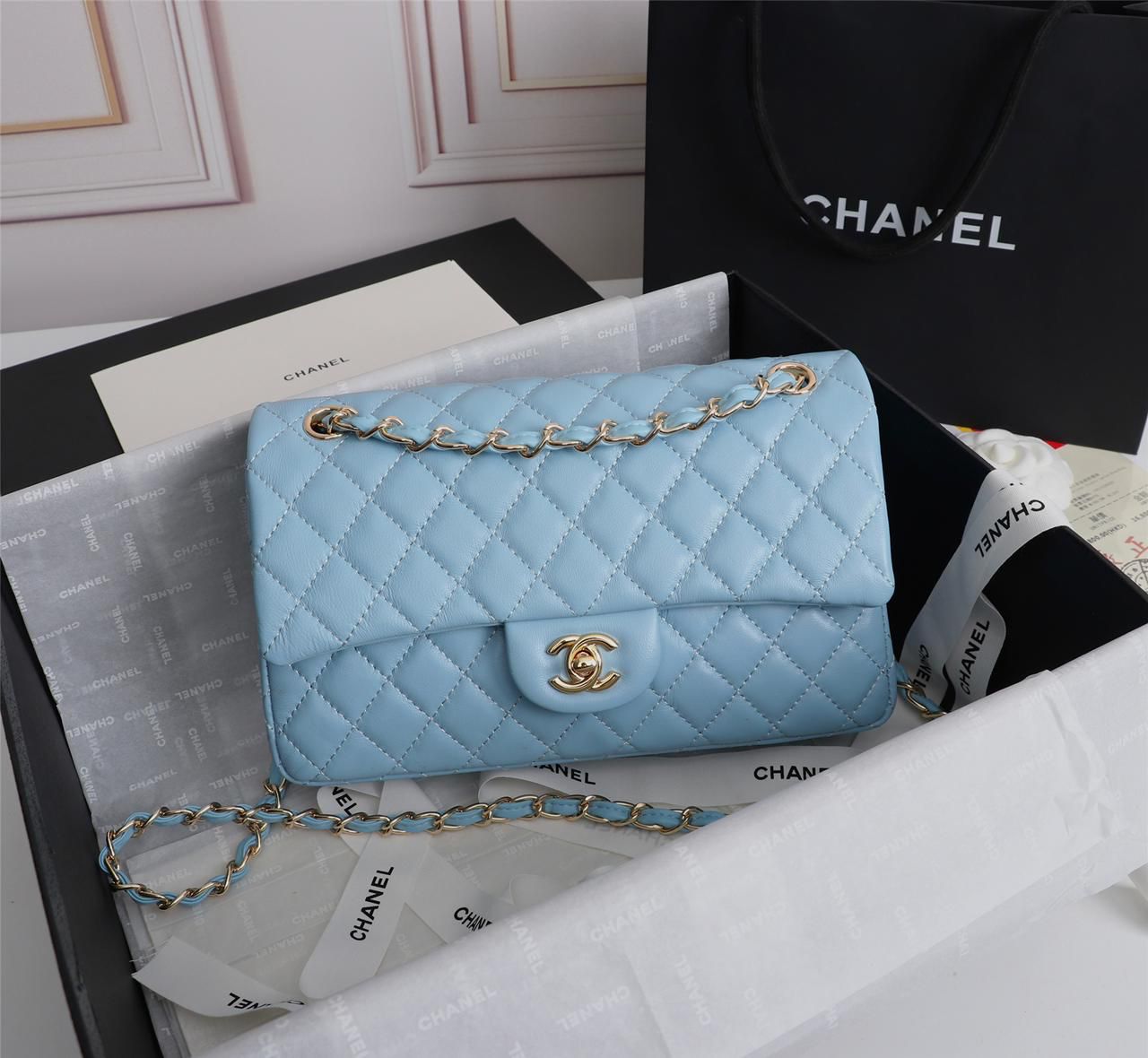 Light Blue Quilted Caviar Medium Classic Double Flap Pale Gold Hardware,  2022