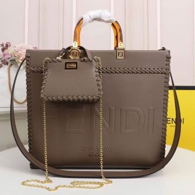 Fendi Sunshine Tote Bag Gray With Decorative Stitching