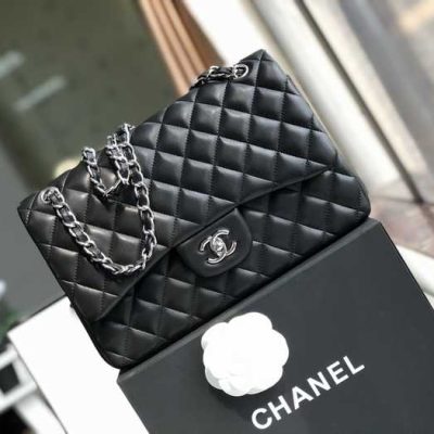 Chanel Classic Double Flap 30 Shoulder Bag Black Silver Hardware