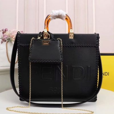 Fendi Sunshine Tote Bag Black With Decorative Stitching