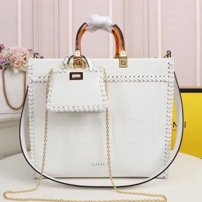 Fendi Sunshine Tote Bag White With Decorative Stitching