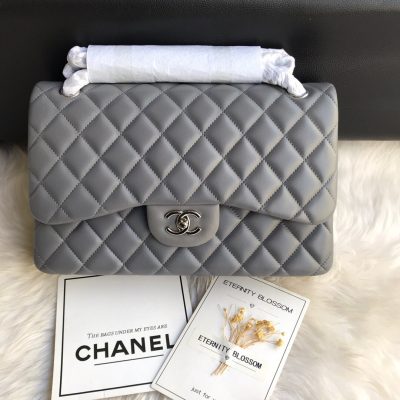 Chanel Classic Double Flap 30 Shoulder Bag Grey Silver Hardware