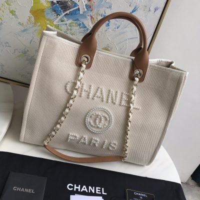 Chanel Deauville Pearl Canvas Tote Bag Ecru Beige