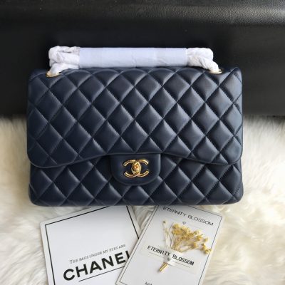 Chanel Classic Double Flap 30 Shoulder Bag Blue Golden Hardware